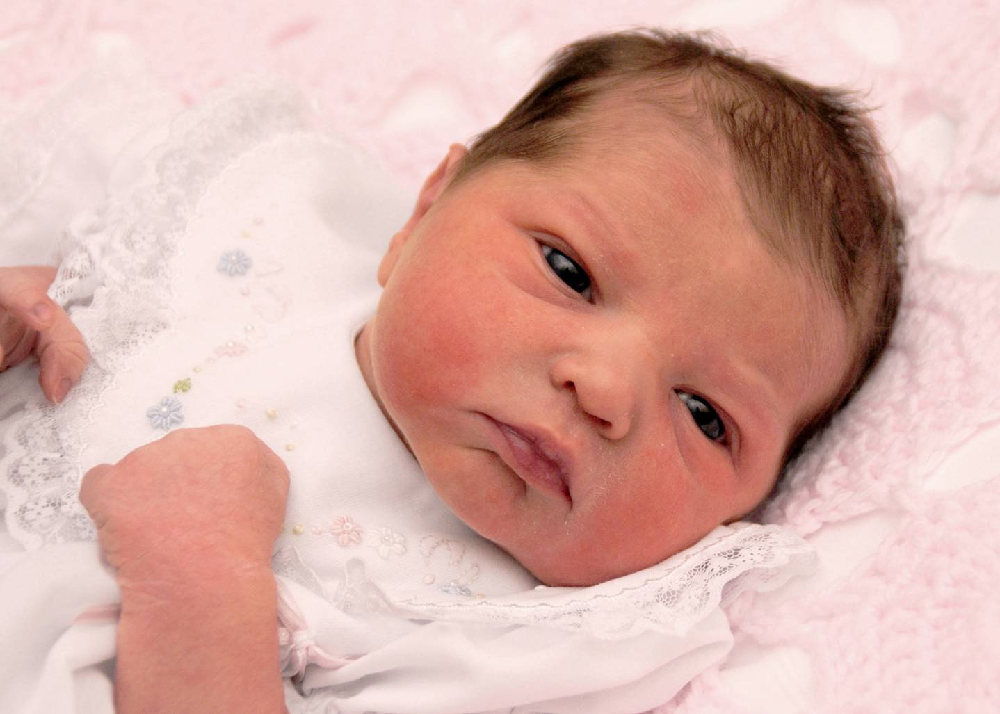 NEW Will'Beth White Baby Dress with Lace, Ribbons, Pastel Embroidery