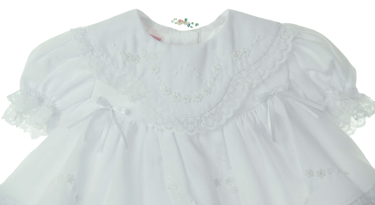 NEW Will'Beth white Baby Dress with Lace, Ribbons, Embroidery, and Seed