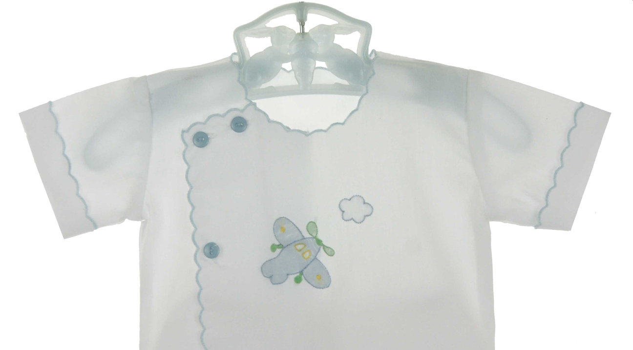 Will'Beth white batiste diaper set with airplane embroidery,white