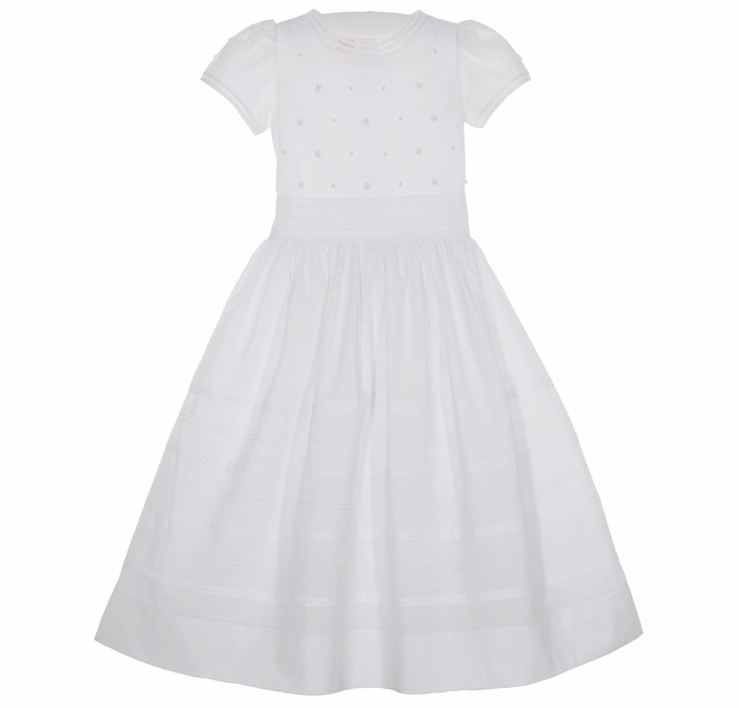 NEW Will'Beth White Batiste Pintucked Dress with Embroidered Flowers, Pearl  Beading and Fagoted Trim