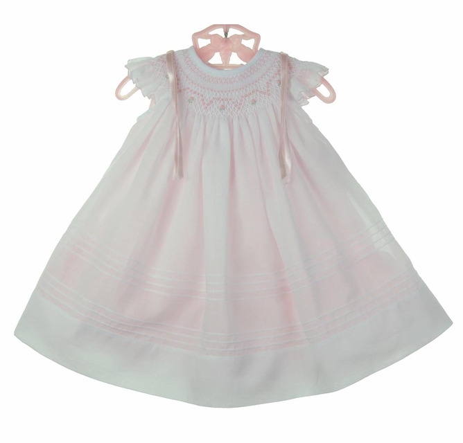 pink and white smock dress White Bow Smock Embroidered Pink Dress  Rylee Faith Designs