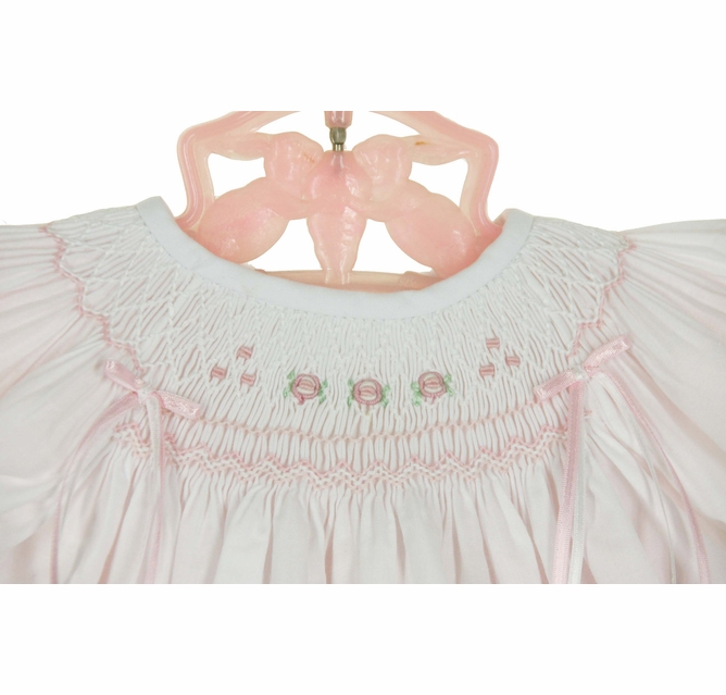 Will'Beth white bishop smocked dress with pink scalloped slip