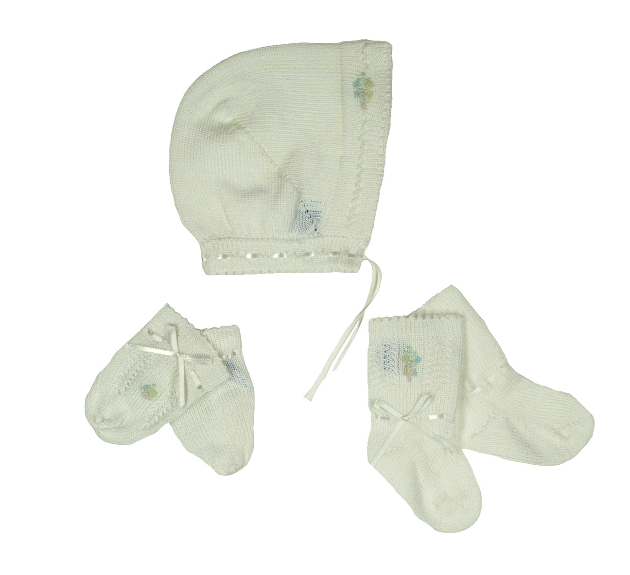 NEW Will'Beth White Cotton Knit Hat, Booties, and Mittens Set with