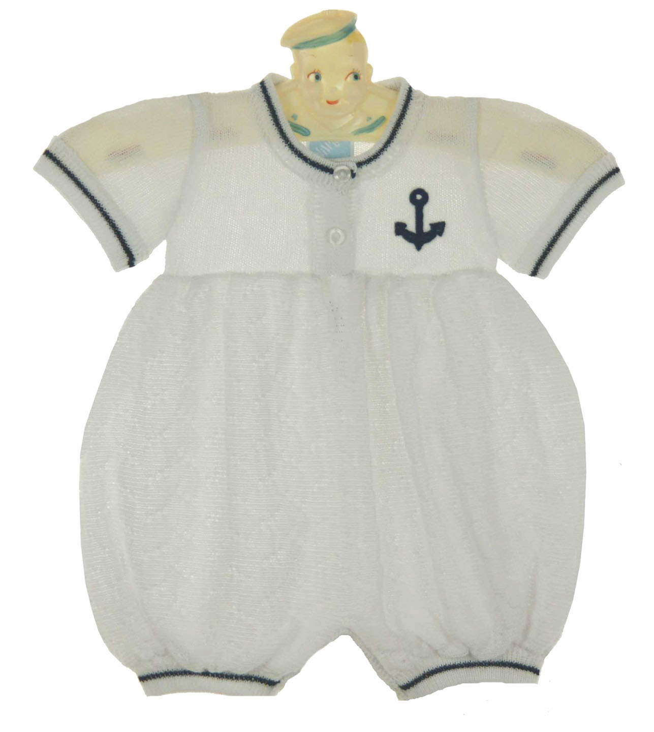 Will'Beth white knit sailor romper with anchor embroidery,sailor romper