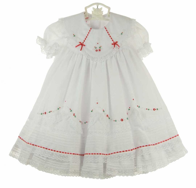 NEW Will'Beth White Baby Dress with Lace, Ribbons, Red Embroidery, and Seed  Pearls