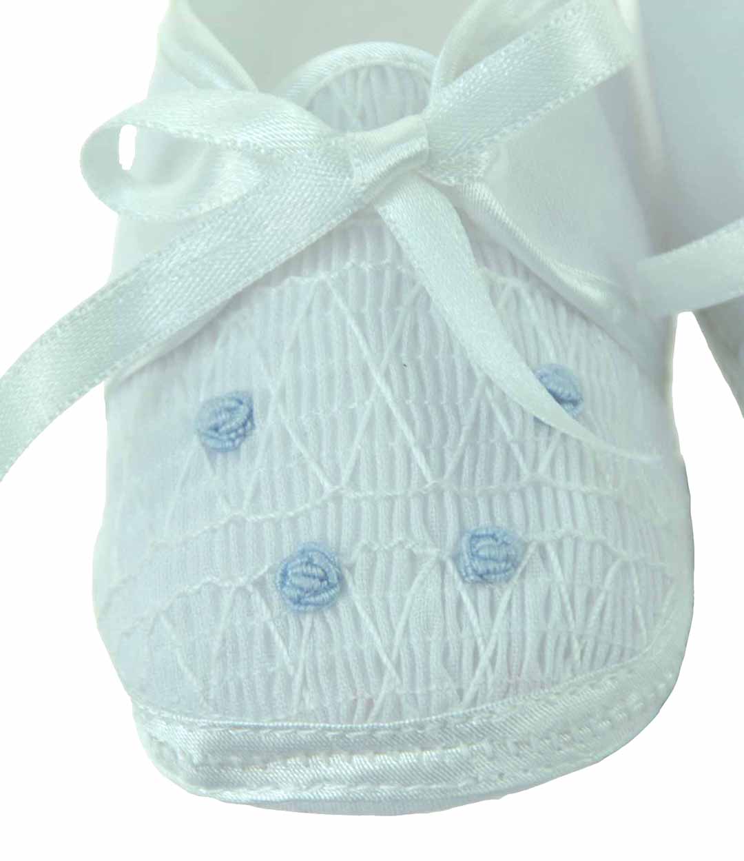 Will'Beth white smocked shoes with blue embroidery and ribbon ties for