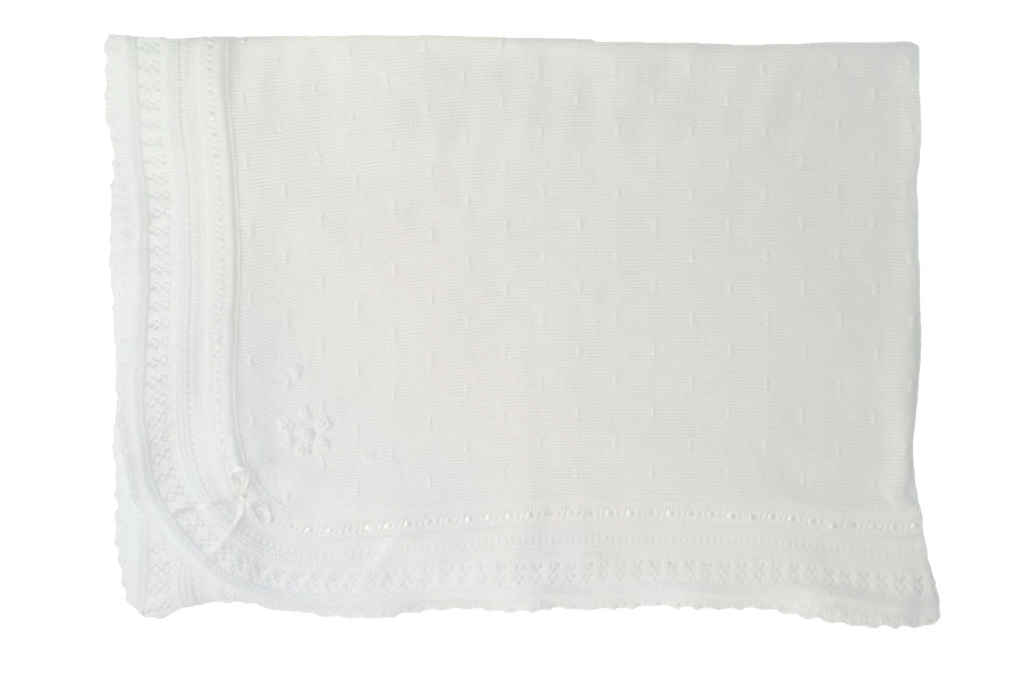 NEW Willbeth Delicate White Cotton Knit Baby Blanket with White Flowers