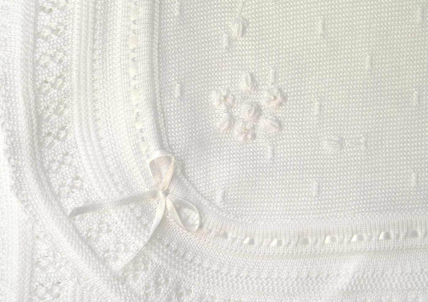NEW Willbeth Delicate White Cotton Knit Baby Blanket with White Flowers