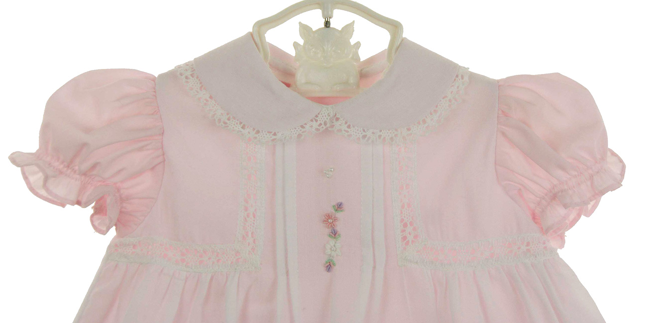 Will'Beth pink baby girls dress with lace and seed pearls,pink ruffled dress for baby girl with