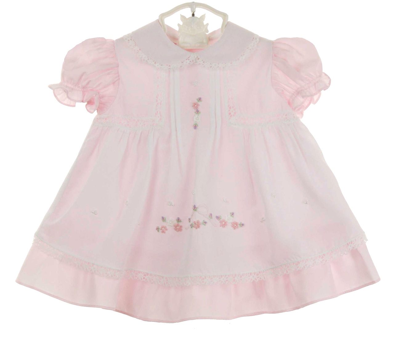 Will'Beth pink baby girls dress with lace and seed pearls,pink ruffled dress for baby girl with
