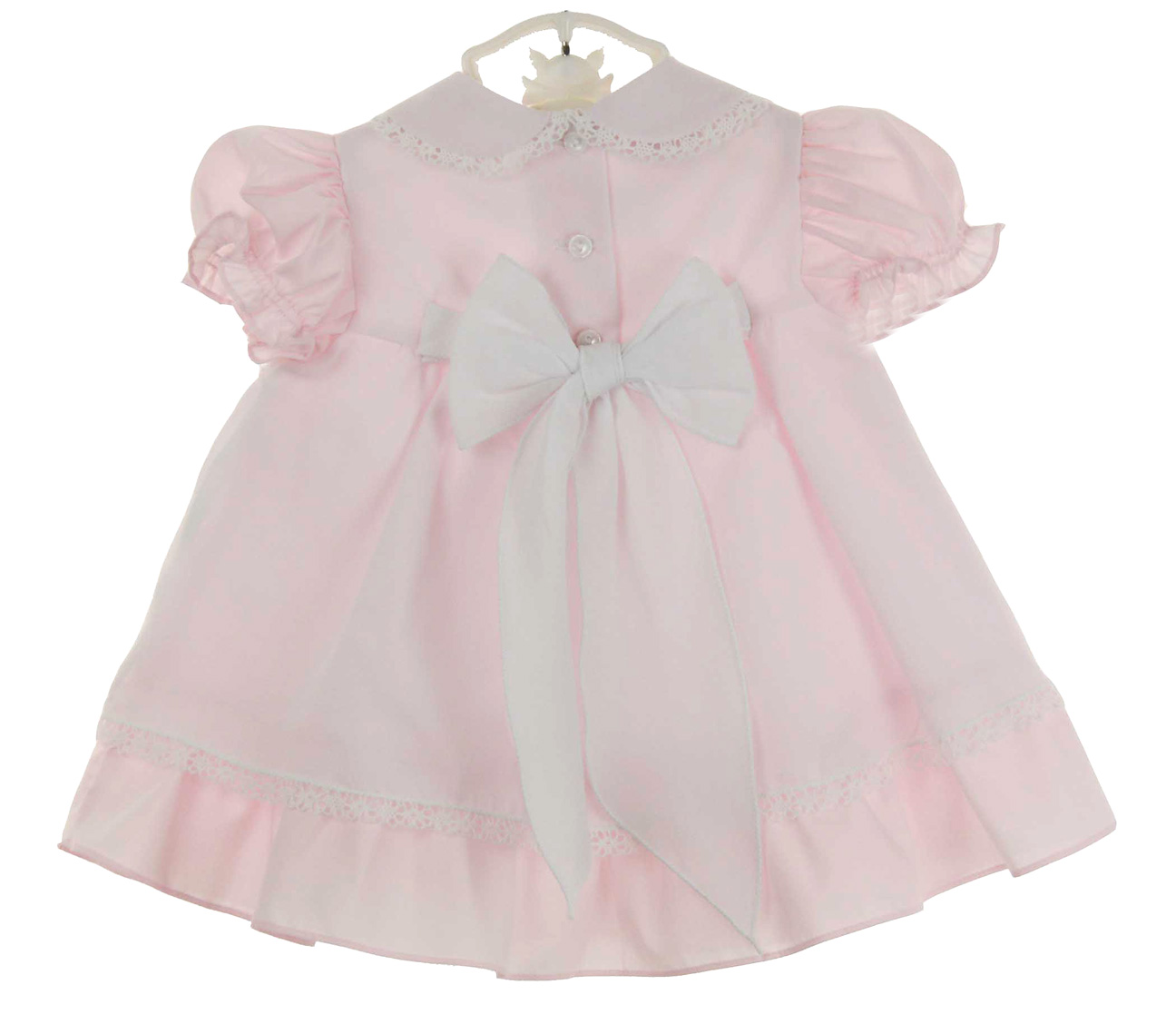 Will'Beth pink baby girls dress with lace and seed pearls,pink ruffled dress for baby girl with