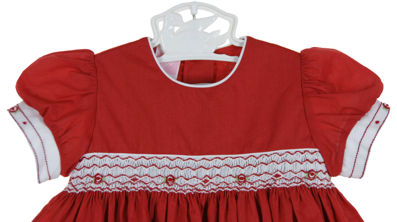Will'Beth red cotton smocked dress with matching pantaloons,baby girls