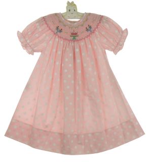 Pink christmas bishop hand smocked dot dress