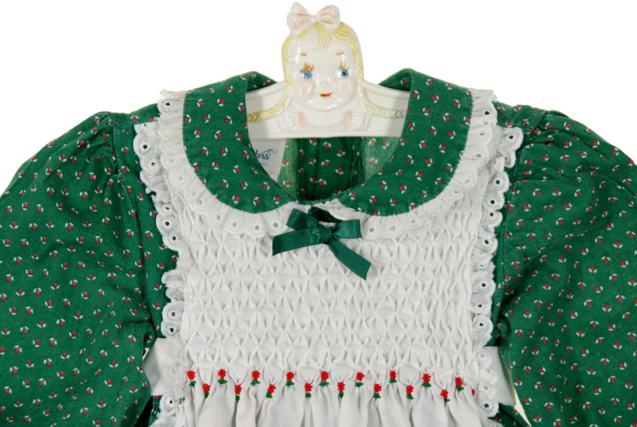 Polly Flinders green flowered smocked pinafore style dress with white