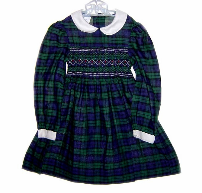 Polly Flinders Navy Plaid Smocked Little Girls Dress with White Collar