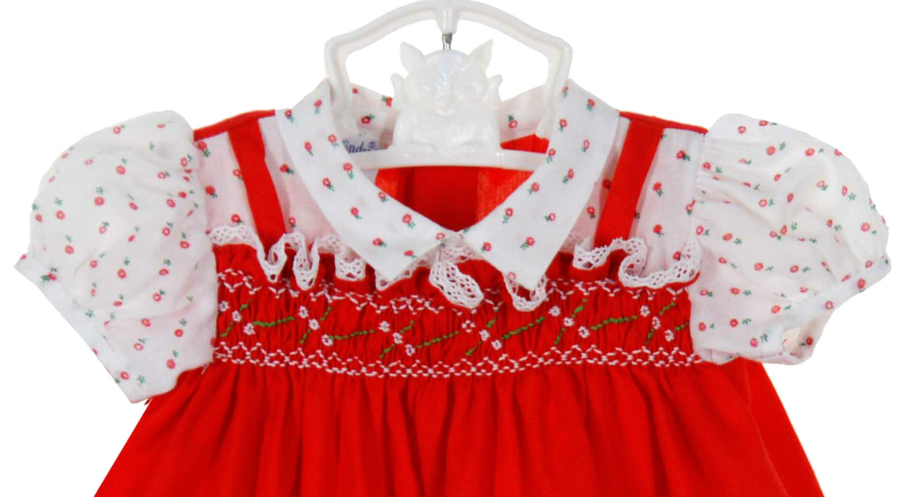 Polly Flinders red and white smocked pinafore style dress,Polly