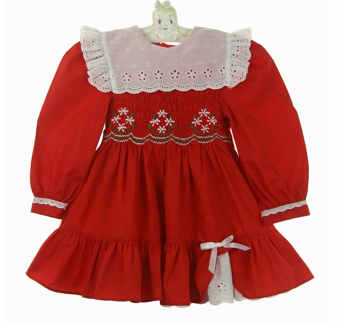 Polly Flinders Red Smocked Dress with White Eyelet Portrait Collar and  Embroidered Flowers