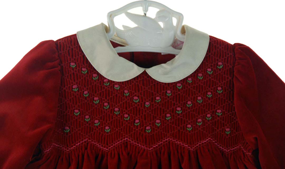 Sophie Dess red velvet smocked bubble,red velvet smocked baby bubble