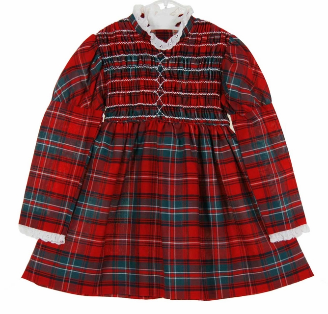 Vintage 1950s Polly Flinders Red Plaid Smocked Dress with White Eyelet Trim