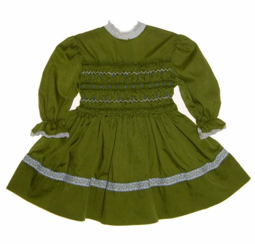 Polly Flinders Toddler Dresses Vintage 1960s Polly Flinders Olive Green  Toddler Dress with Blue and White Embroidery