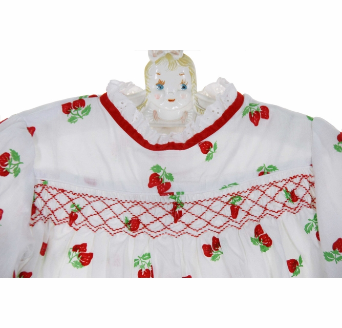 Vintage 1960s Polly Flinders White Smocked Dress with Red Flocked Strawberries Vintage 1960s Polly Flinders White Smocked Dress with Red Flocked Strawberries