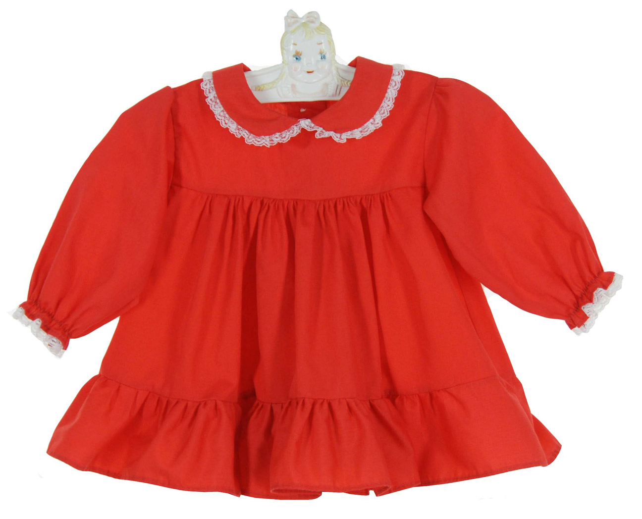 vintage Alexis red dress with white lace trimmed pinafore,vintage pinafore dress for baby girls