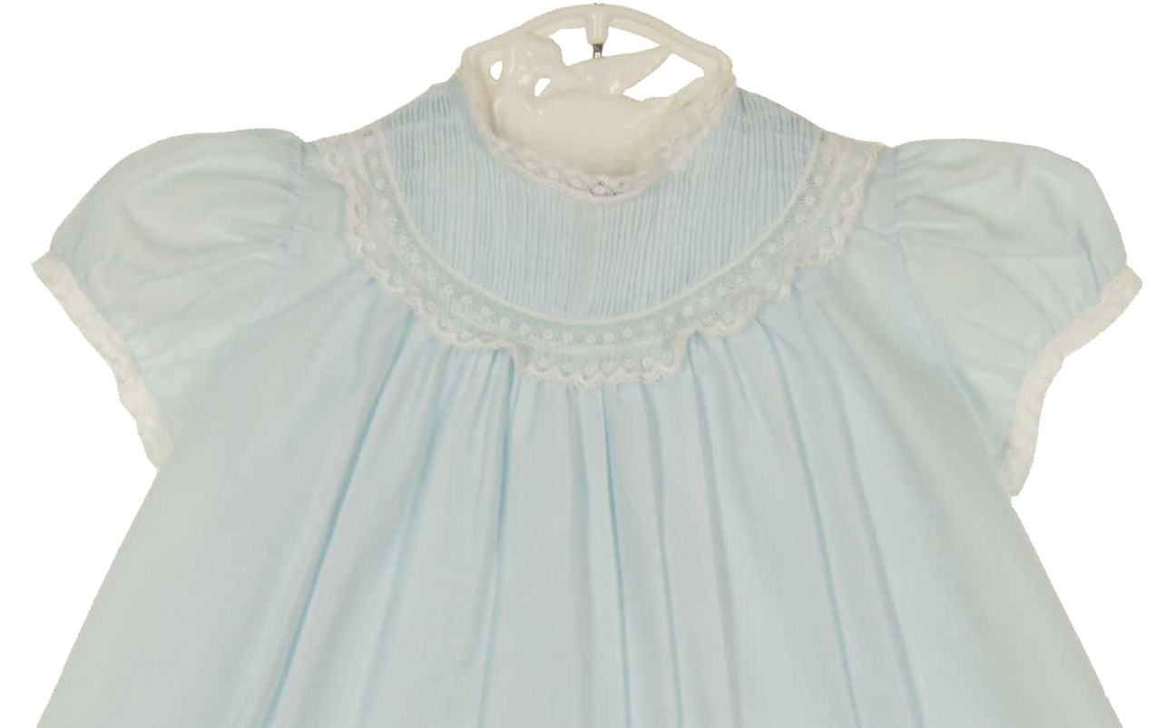 vintage Feltman Brothers blue pintucked dress with lace insertion and