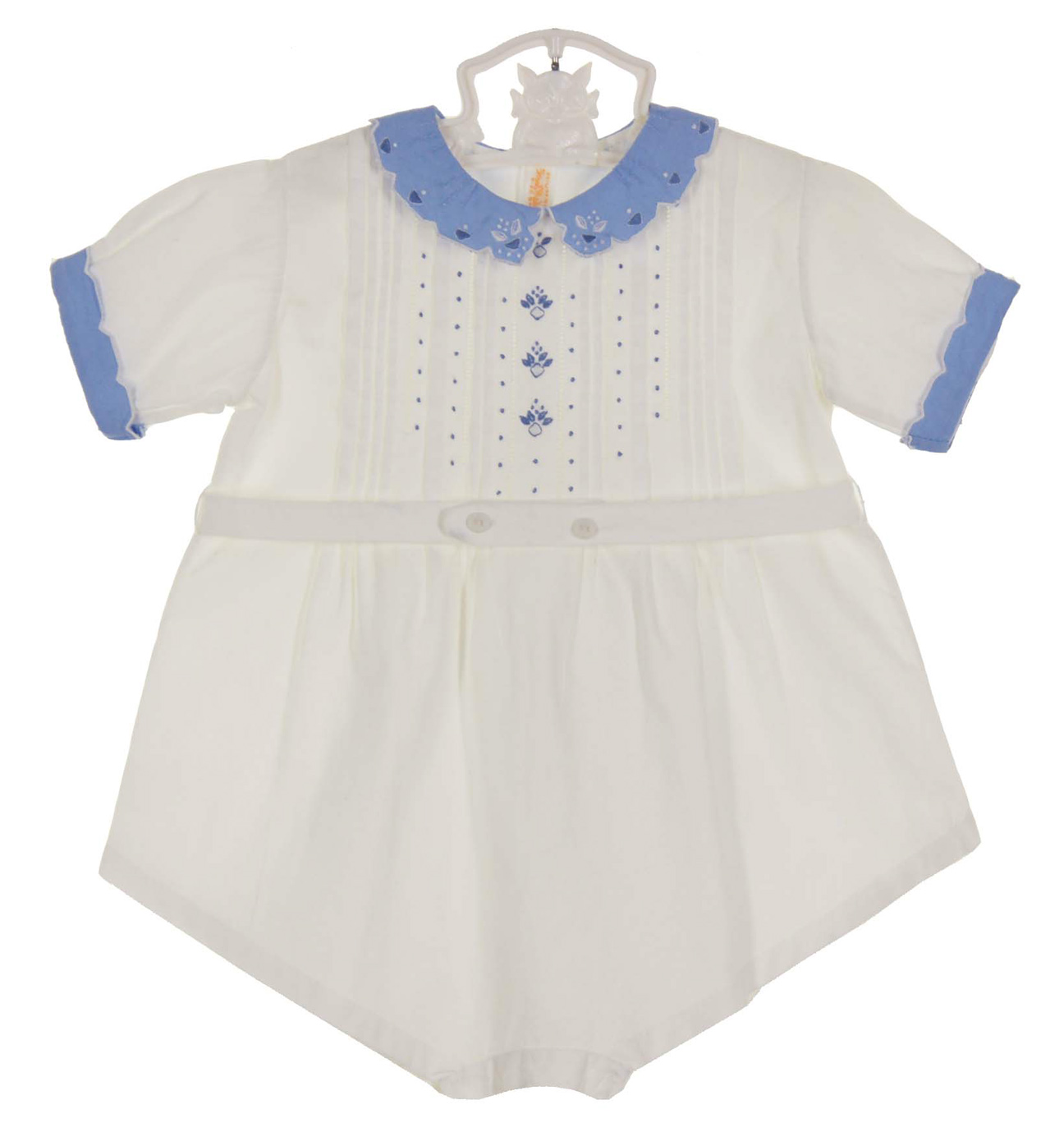 Heirloom White Cotton Romper with Blue Embroidered Collar and Openwork