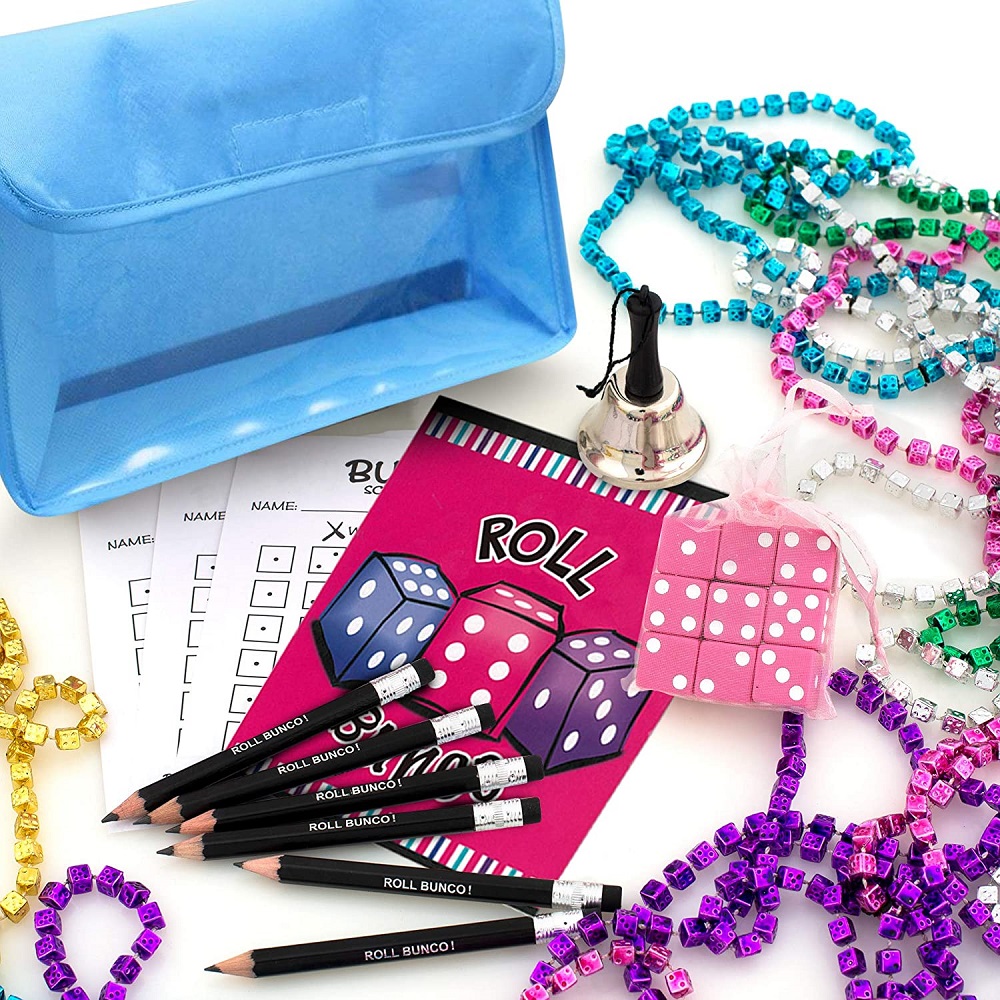 Bunco Game Kit with Assorted Colored Pouch and Bonus DICE Mardi Gras Beads Bunco Games