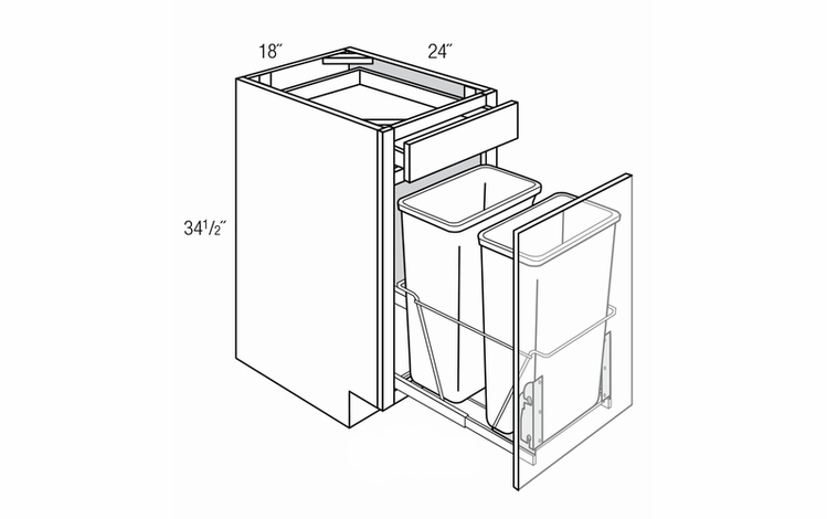 B18TR-DMK: Double Trash Bin Base Cabinet With Door Mount Kit: Dover Lunar RTA Kitchen Cabinet