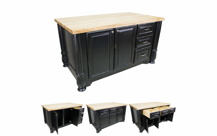 Distressed Black Kitchen Island with Smaller Drawers-ISL05-DBK