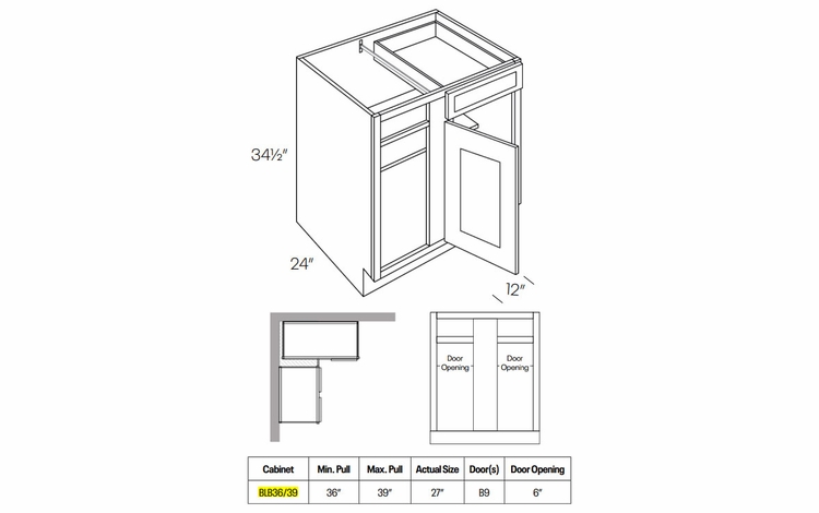 Elegant Smoky Grey BLB36/39L: Blind Base Cabinet Hinged Left: Assembled Kitchen Cabinets