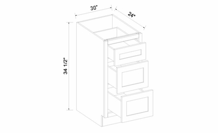 Inset White Shaker DB30-3: 3 Drawer Base Cabinet: Assembled Kitchen Cabinets