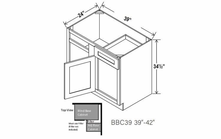 Lunar Gray BBC39: Blind Base Corner Cabinet: Assembled Kitchen Cabinets