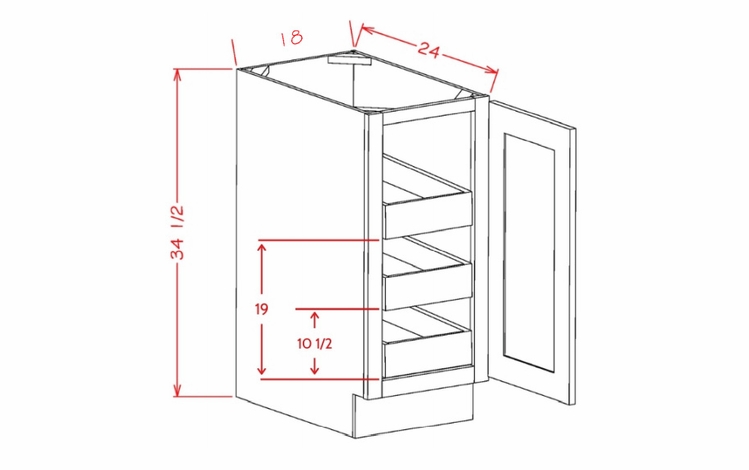 Shaker Essence Oak B18FH3RS: Single Full Height Door, Three Rollout Shelf Base Cabinet: RTA Kitchen Cabinets