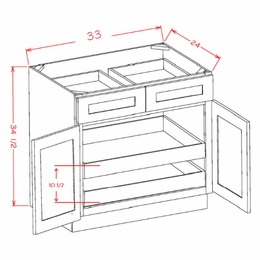 Shaker Essence Oak B332RS: Double Door, Double Drawer, Two Rollout Shelf Base Cabinet: RTA Kitchen Cabinets