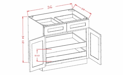 Shaker Essence Oak B362RS: Double Door, Double Drawer, Two Rollout Shelf Base Cabinet: RTA Kitchen Cabinets