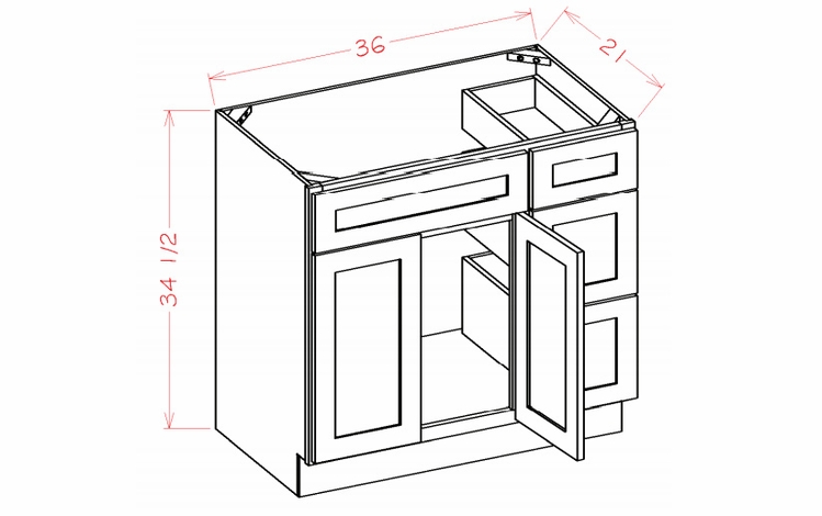 Shaker Essence Oak V3621DR: Vanity Combo Base Cabinet - Drawers Right: RTA Kitchen Cabinets