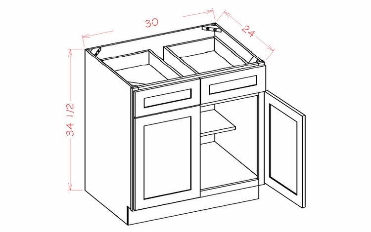 Shaker Honey B30: Double Door Double Drawer Base Cabinet: RTA Kitchen Cabinet