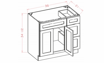 Shaker Honey V3621DR: Vanity Combo Base Cabinet - Drawers Right: RTA Kitchen Cabinet