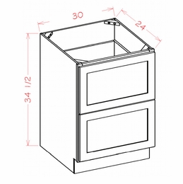 Shaker Unfinished 2DB30: 2 Drawer Base Cabinet: RTA Kitchen Cabinets