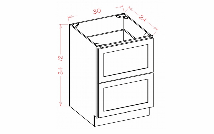 Shaker Unfinished 2DB30: 2 Drawer Base Cabinet: RTA Kitchen Cabinets