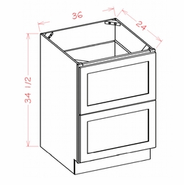 Shaker Unfinished 2DB36: 2 Drawer Base Cabinet: RTA Kitchen Cabinets