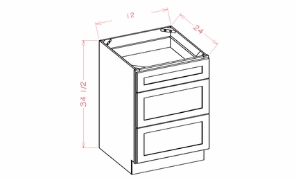 Shaker Unfinished 3DB12: 3 Drawer Base Cabinet: RTA Kitchen Cabinets