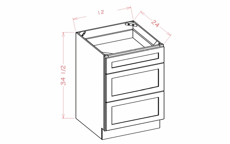 Shaker Unfinished 3DB12: 3 Drawer Base Cabinet: RTA Kitchen Cabinets