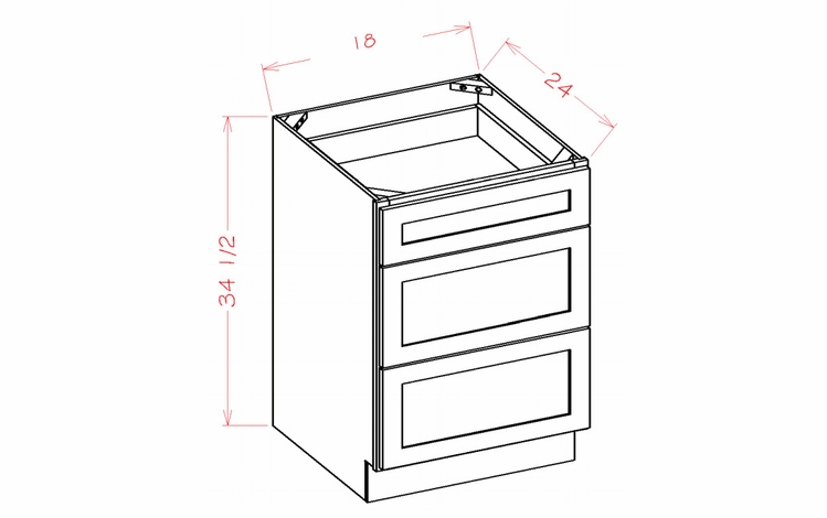 Shaker Unfinished 3DB18: 3 Drawer Base Cabinet: RTA Kitchen Cabinets