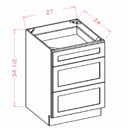 Shaker Unfinished 3DB27: 3 Drawer Base Cabinet: RTA Kitchen Cabinets