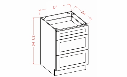 Shaker Unfinished 3DB27: 3 Drawer Base Cabinet: RTA Kitchen Cabinets