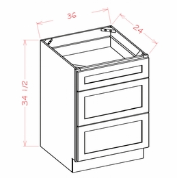 Shaker Unfinished 3DB36: 3 Drawer Base Cabinet: RTA Kitchen Cabinets