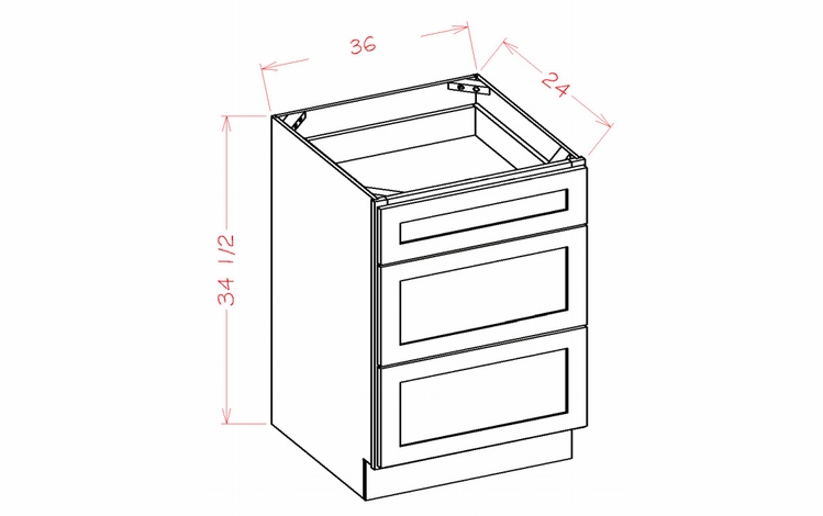 Shaker Unfinished 3DB36: 3 Drawer Base Cabinet: RTA Kitchen Cabinets